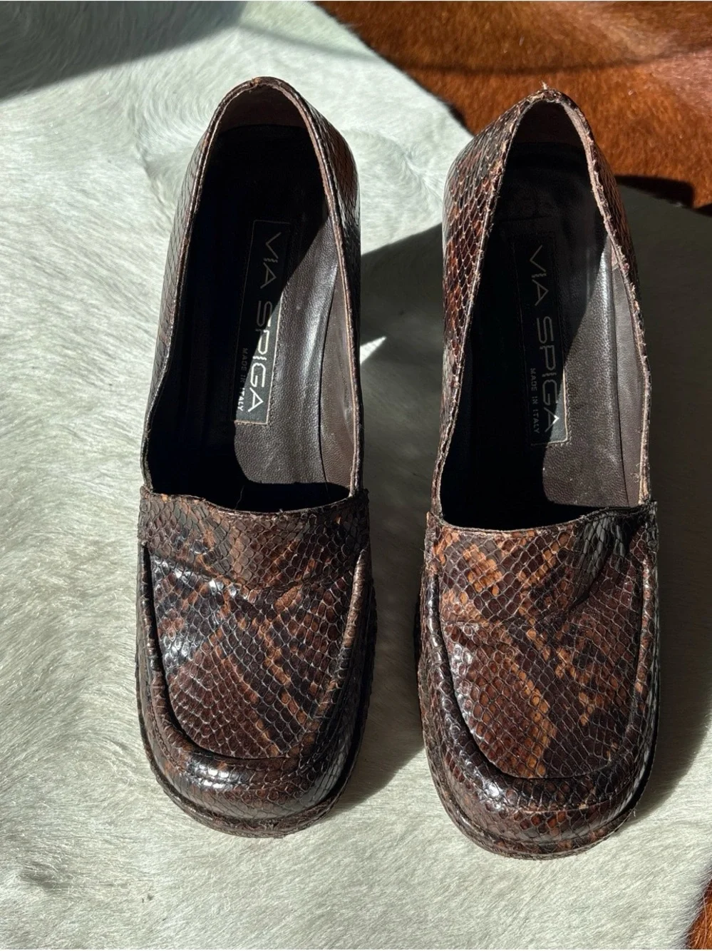 Via Spiga Brown Snake-Embossed Leather Block Heel Loafers